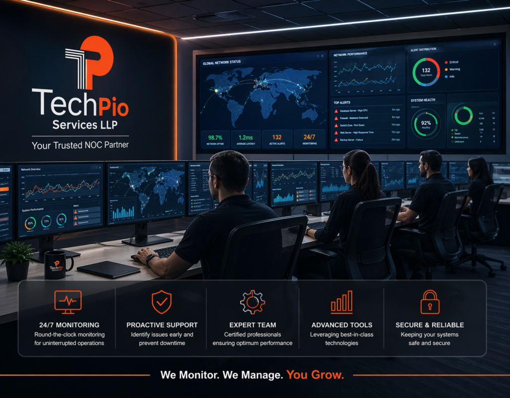 A professional Network Operations Center (NOC) team monitoring real-time network performance data.